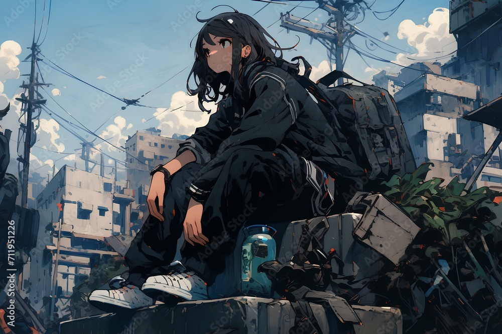 a comics artwork of japanese anime girl in a squatting pose, a dark alley in the background, with trashcans, junk. generative AI a comics artwork of japanese anime girl in a squatting pose, a dark alley in the background, with trashcans, junk. generative AI