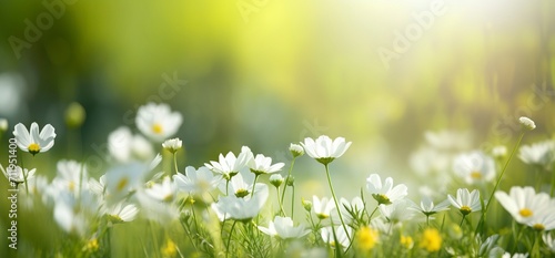 sunny spring background, hd wallpaper, in the style of soft focus lens, dark white and green, symbolic nabis, flower power, serene landscapism, award-winning - generative ai #711951400