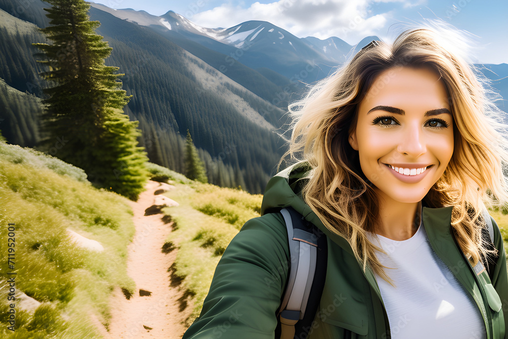 Moments in nature: The rich journey of a woman taking selfies while climbing mountains generative ai
