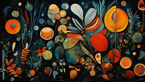 abstract artistry, blending celestial bodies with natural elements. Vibrant colors contrast against a dark background, creating a visually stimulating effect. Circles various sizes