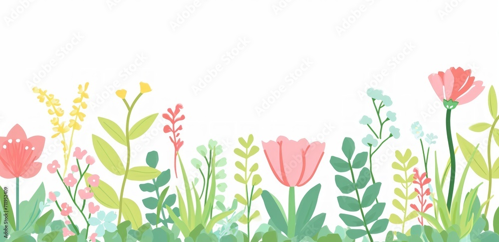 Abstract floral border with summer flowers and white background. 