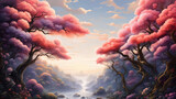 Fantasy landscape trees with pink to purple foliage resembling clouds. Serene river flows through blossoms, sky dusk. Scene exudes peaceful, ethereal mood, light rays piercing through clouds