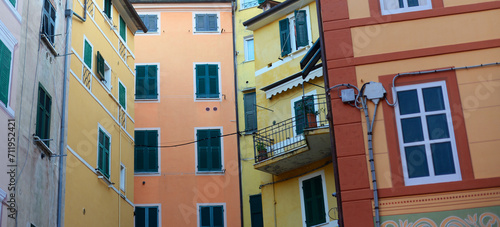 Detail of colourful houses in the city centre of Lerici, bay of the poets, La Spezia, Liguria on a summer evening