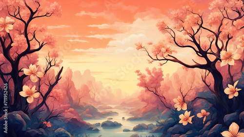 Sunset paints sky warm hues, highlighting serene landscape. Twisted trees adorned with large, white blossoms. Ethereal cliffs rise background, overlooking tranquil river flowing through rocky valley © Oleg Kyslyi