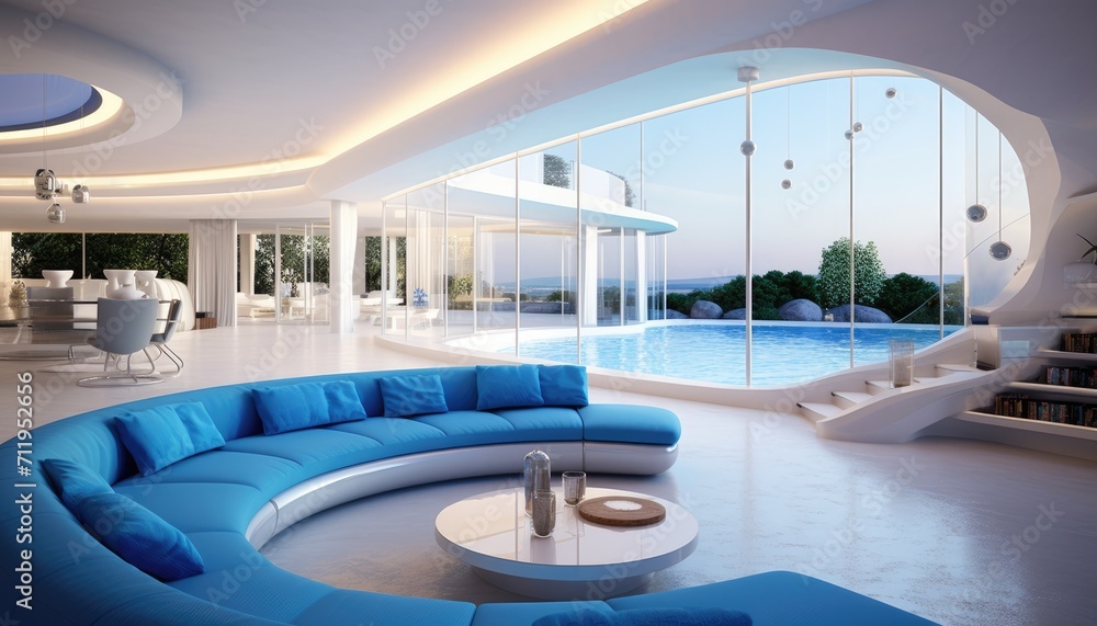 View of aesthetic eco-friendly house. A curved style minimalist sofa covered in fine fabric and a smart TV on the cream walls. Inspiration for environmentally friendly room concepts. View of aesthetic eco-friendly house. A curved style minimalist sofa covered in fine fabric and a smart TV on the cream walls. Inspiration for environmentally friendly room concepts.