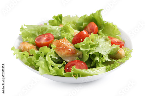 Delicious salad with chicken and cherry tomato in bowl isolated on white