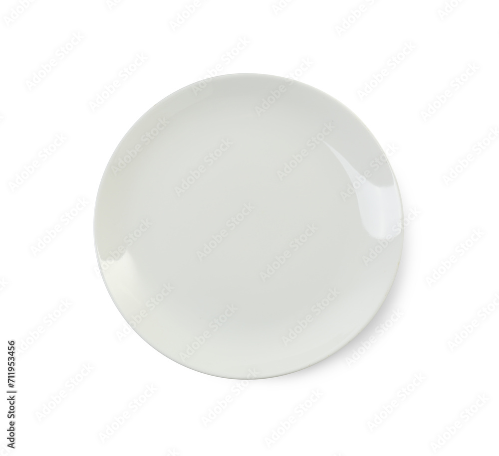 One clean ceramic plate isolated on white, top view One clean ceramic plate isolated on white, top view