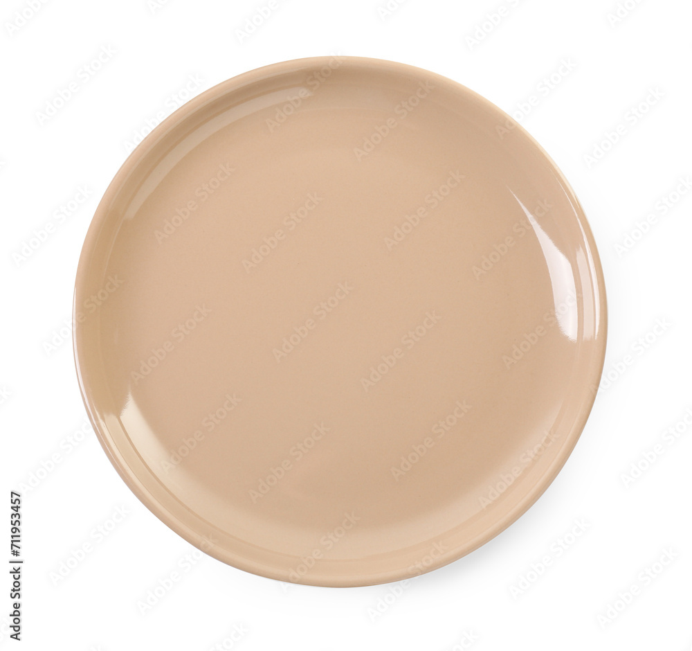 One clean ceramic plate isolated on white, top view One clean ceramic plate isolated on white, top view