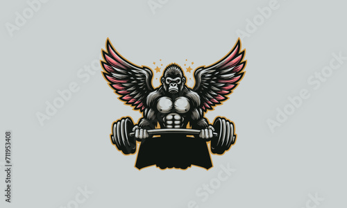 gorilla with wings and barbell vector mascot design logo photo