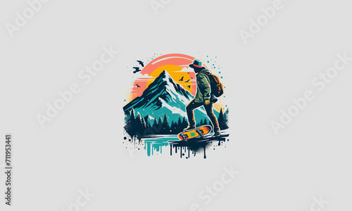 man playing skateboard on mountain vector logo design
