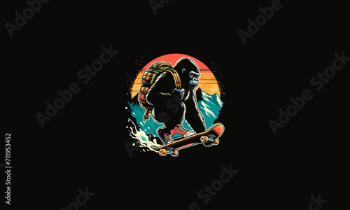 gorilla playing skateboard on mountain vector artwork design