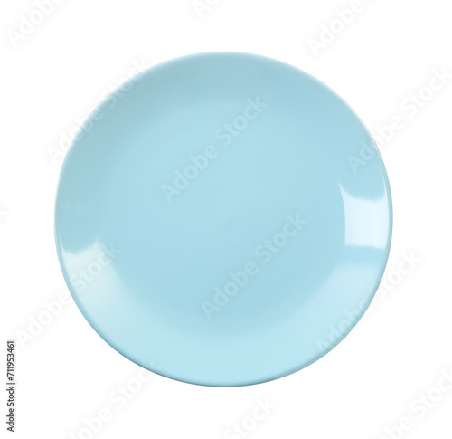 One light blue ceramic plate isolated on white, top view