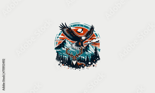flying eagle and deer on mountain vector artwork design