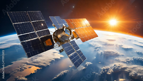 streamlined satellite, its solar panels gleaming in the sunlight, capturing stunning images of Earth from its position in the depths of space