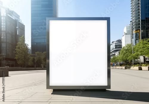 Vertical banner, billboard, sign on city streets with a white background. Megapolis, skyscrapers, square, pedestrian zone. Outdoor advertising, placement of text and design to sell goods and services.