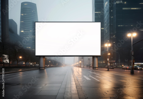 Large horizontal banner  billboard  signboard with white background. Cars  busy highway  metropolis  city  skyscrapers. Outdoor advertising  text placement  design for selling goods and services.