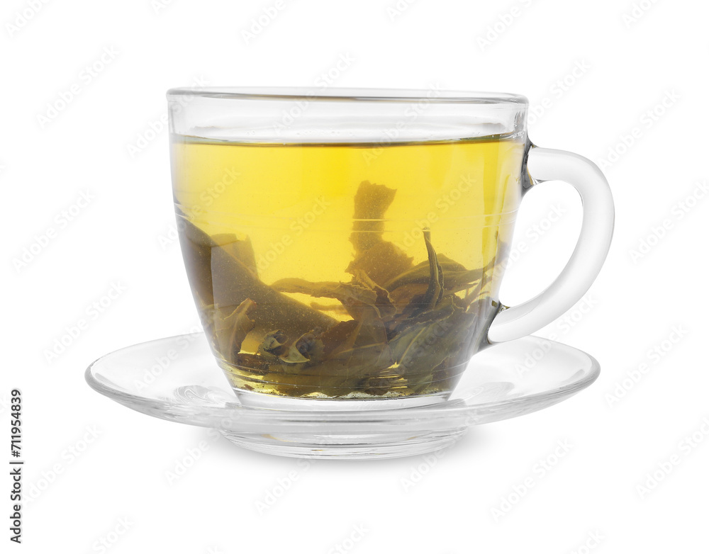 Fresh green tea in glass cup, leaves and saucer isolated on white Fresh green tea in glass cup, leaves and saucer isolated on white