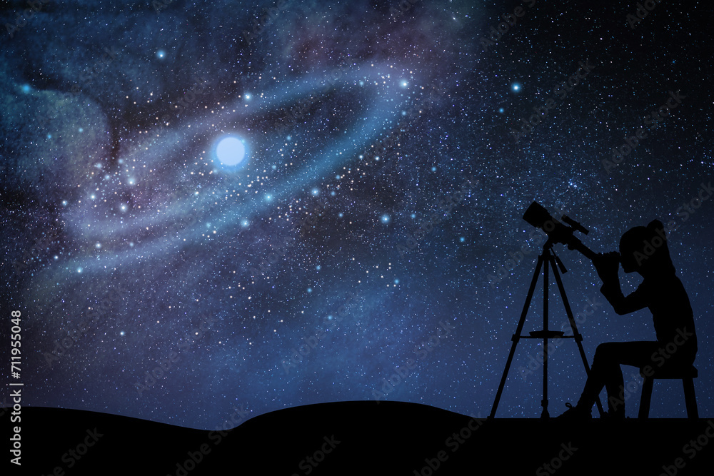 Astronomy. Little girl looking through telescope at starry night outdoors Astronomy. Little girl looking through telescope at starry night outdoors