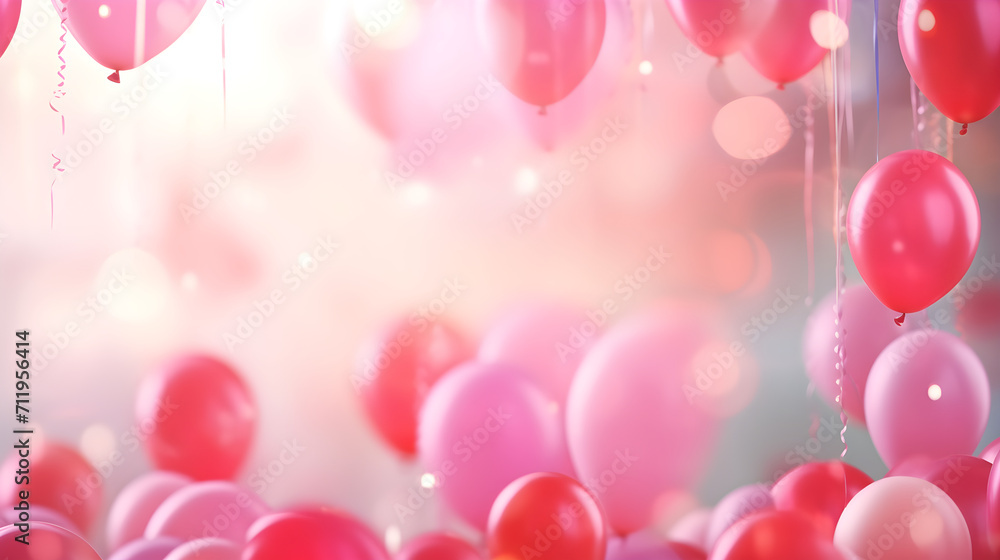 Multicolored Balloons with Helium on Pink Abstract Background. Concept of Happy Birthday, New Year, Party, Wedding, Valentine's Day, Happiness, Joy, Festival, Holiday Promotion Banner