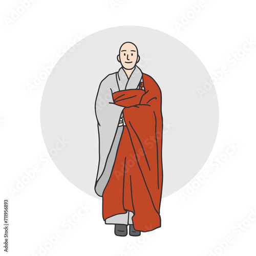 Illustration of a male monk smiling kindly in a monk's robe. Hand-drawn vector elements.