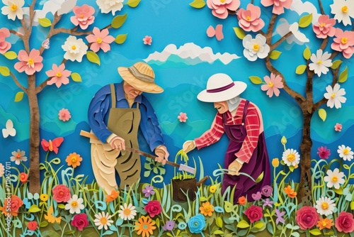 A cheerful elderly couple gardening together, surrounded by spring blossoms Happy senior couple gardening together