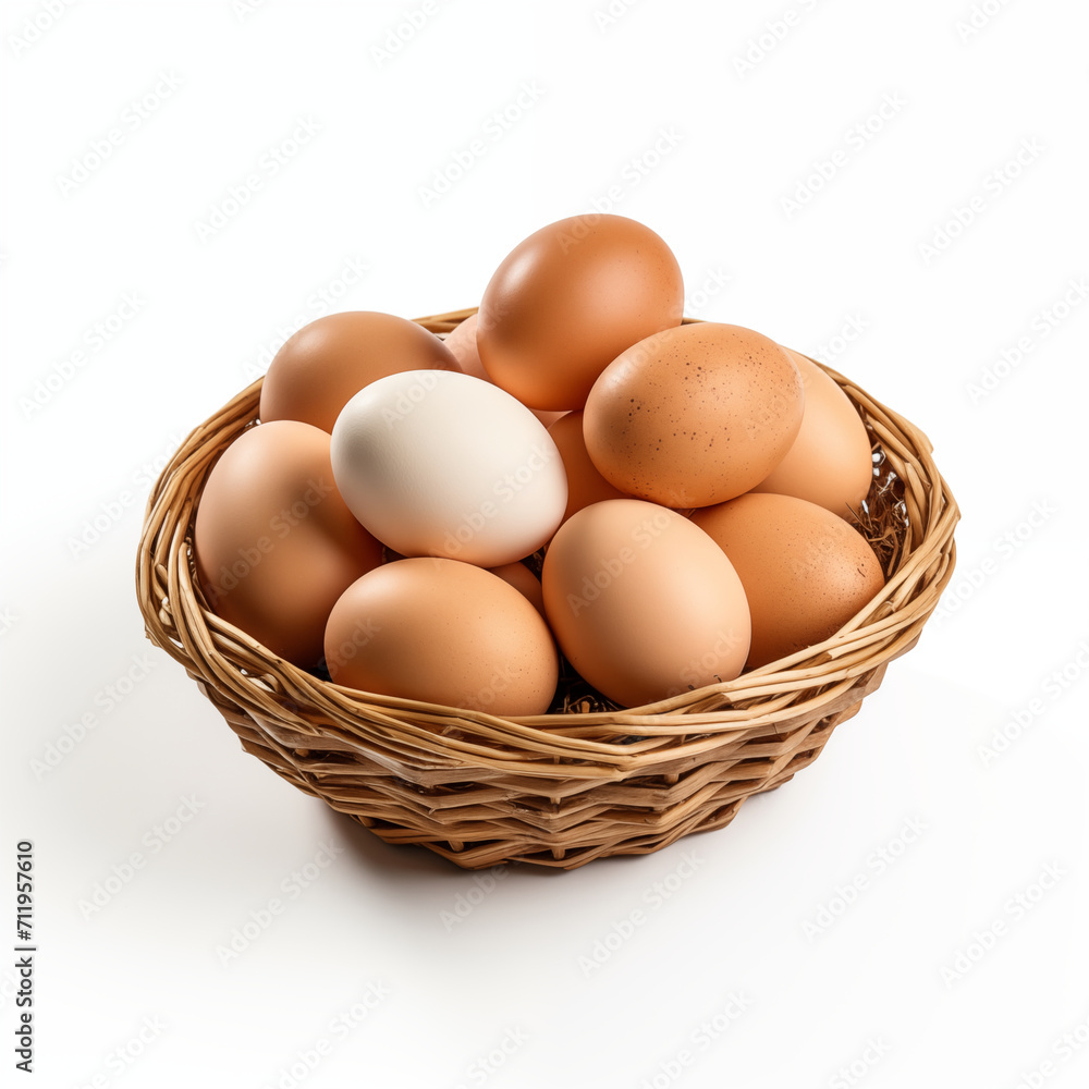 Harmony of Nature: Eggs Nestled in Woven Basket on White Harmony of Nature: Eggs Nestled in Woven Basket on White