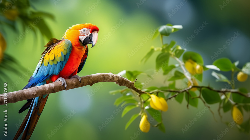 Obraz premium Vibrant Wilderness: Macaw Parrot Displaying Full Body and Tail Feathers