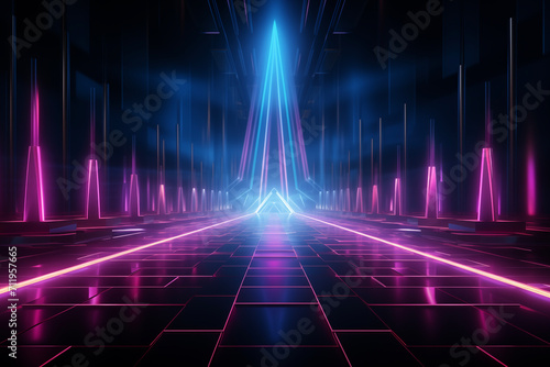 Abstract neon light fluorescent Neon Lights glow ,Reflection on water, exhibition background 3D illustration.