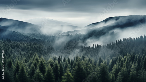Ethereal Woodlands: Top-Down Glimpse of Fog-Blanketed Coniferous Haven