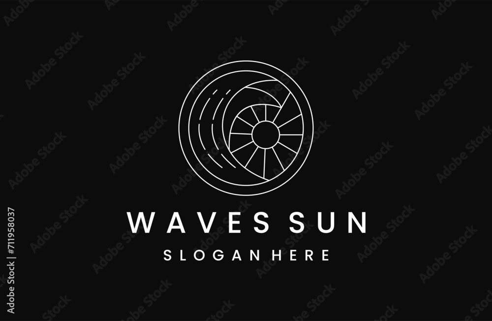 Ocean water wave and sun in a circle line art style Ocean water wave and sun in a circle line art style
