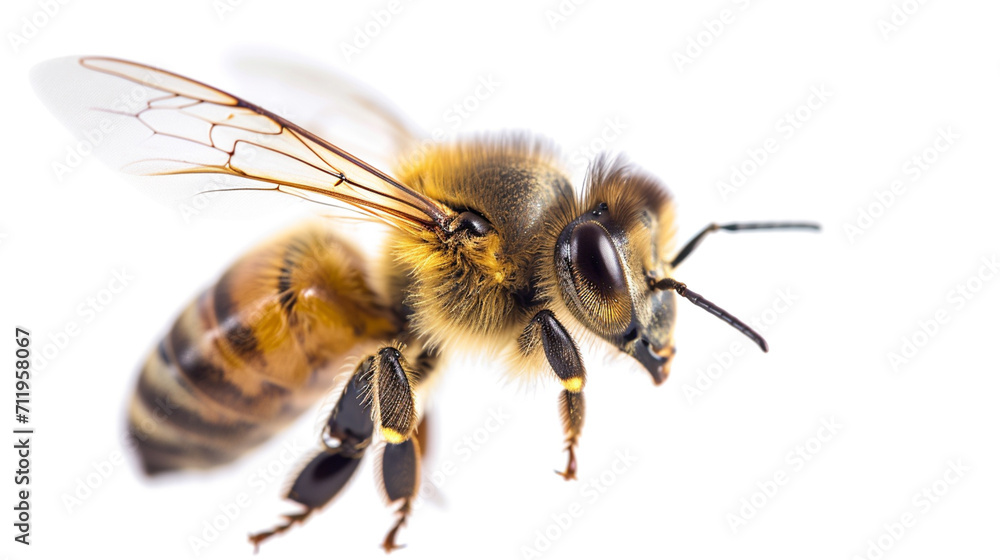 a stunning bee is flying, isolated on white background, macro, incredible pollinator. AI Generative a stunning bee is flying, isolated on white background, macro, incredible pollinator. AI Generative