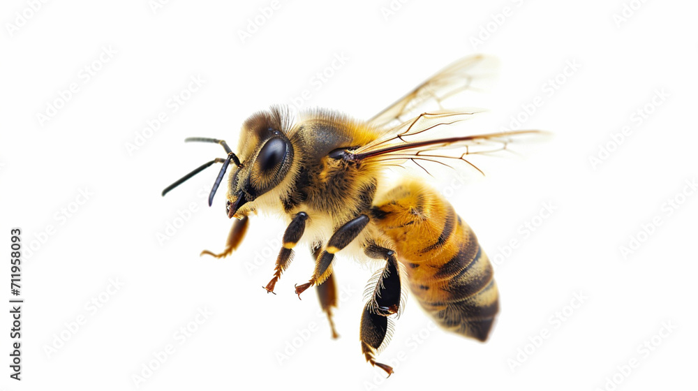 a stunning bee is flying, isolated on white background, macro, incredible pollinator. AI Generative a stunning bee is flying, isolated on white background, macro, incredible pollinator. AI Generative