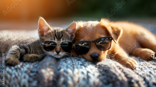 Adorable puppy and kitten with sunglasses lying together in a loving embrace. AI Generative