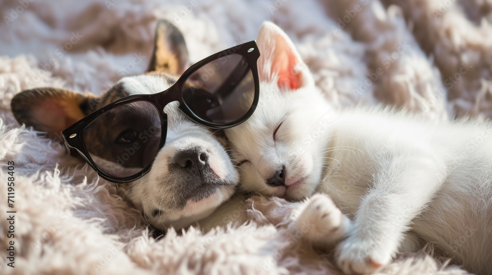 Adorable puppy and kitten with sunglasses lying together in a loving embrace. AI GenerativeAdorable puppy and kitten with sunglasses lying together in a loving embrace. AI Generative Adorable puppy and kitten with sunglasses lying together in a loving embrace. AI GenerativeAdorable puppy and kitten with sunglasses lying together in a loving embrace. AI Generative