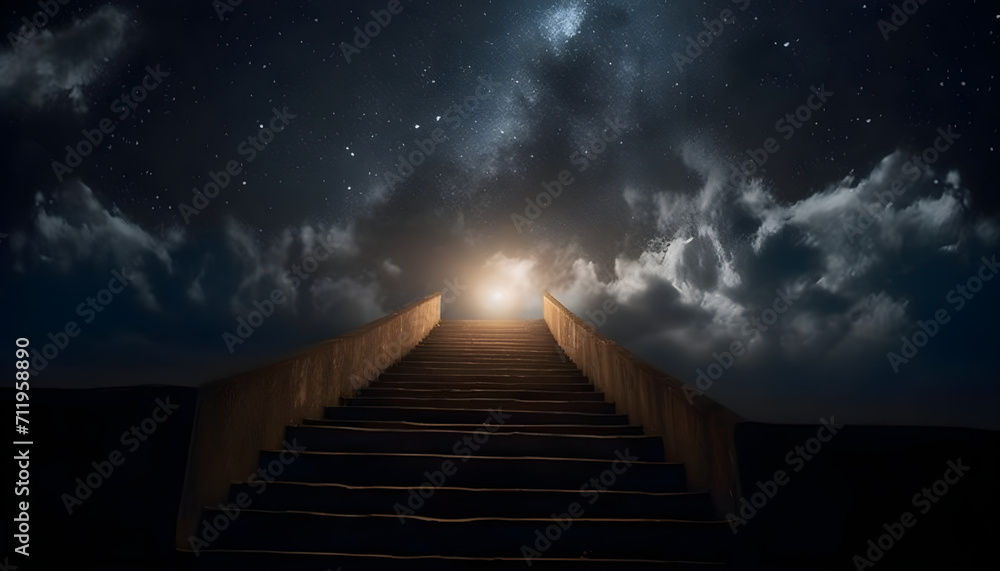 light in a night sky. heavens high stairs Religion for the individual - obrazy, fototapety, plakaty 