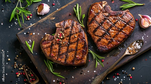 Two grilled heart-shaped beef steaks with spices for Valentine's Day