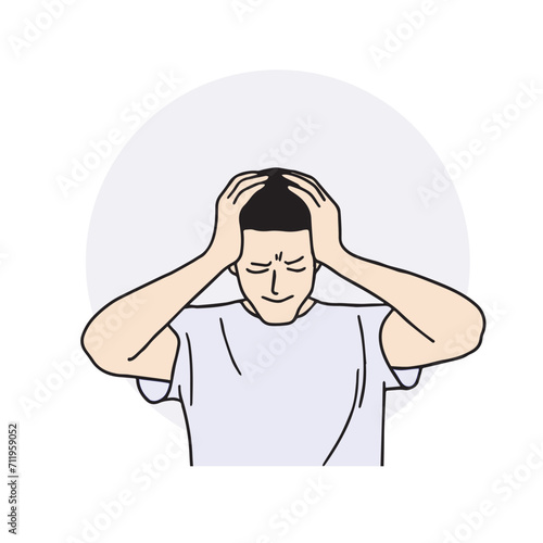 This is an illustration of a man complaining of pain in his headache while holding his head tightly in both hands. It is a vector element related to medicine and healthcare. 