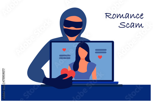 Romance scam, online dating scam, cyber crime concept, woman in love with scammer, hacker chatting online vector illustration