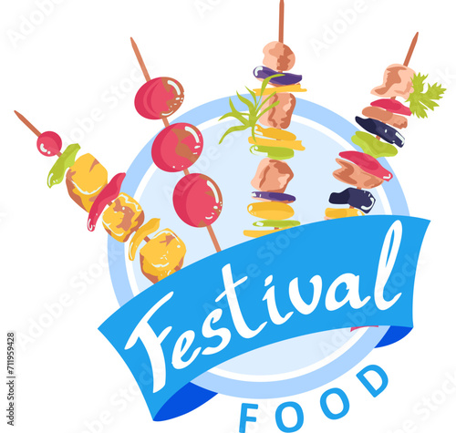 Colorful skewers with meat and vegetables, food festival logo design. Fresh ingredients kebabs, event banner. Culinary feast and community gathering vector illustration.