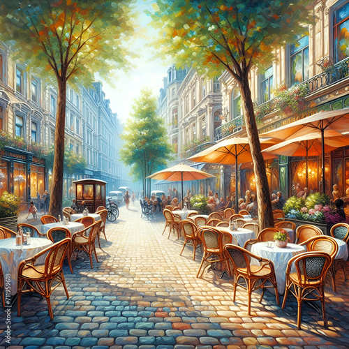Painting of a City Street with Tables, Chairs, & Umbrellas Set Up Outside Cafe Restaurant on the Sidewalk with Trees Shrubs Flowers Greenery. Outdoor Dining Options, Promotion of Restaurant's Ambiance