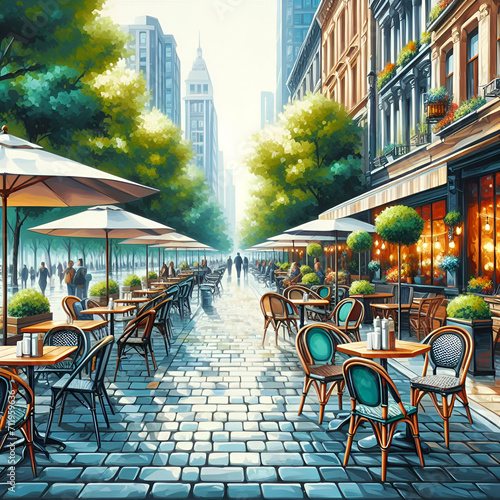Painting of a City Street with Tables, Chairs, & Umbrellas Set Up Outside Cafe Restaurant on the Sidewalk with Trees Shrubs Flowers Greenery. Outdoor Dining Options, Promotion of Restaurant's Ambiance © Frank