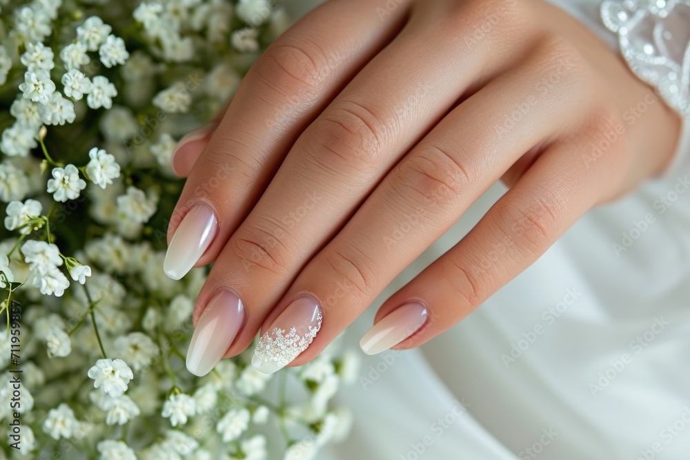 Fototapeta premium Bride's manicure design on floral background