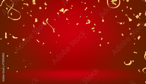 Gold confetti on a red background. Festive background. Vector illustration.