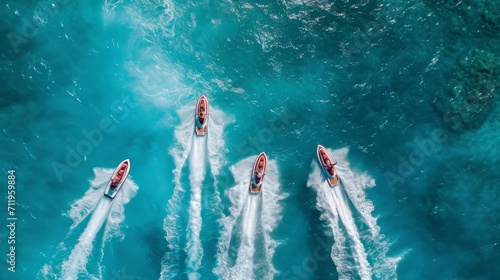 Aerial View of Speed Boats Racing on Vibrant Turquoise Water, Capturing the Dynamic and Energetic Scene of Marine Sports, Perfect for Thrill Seekers and Water Sports Enthusiasts