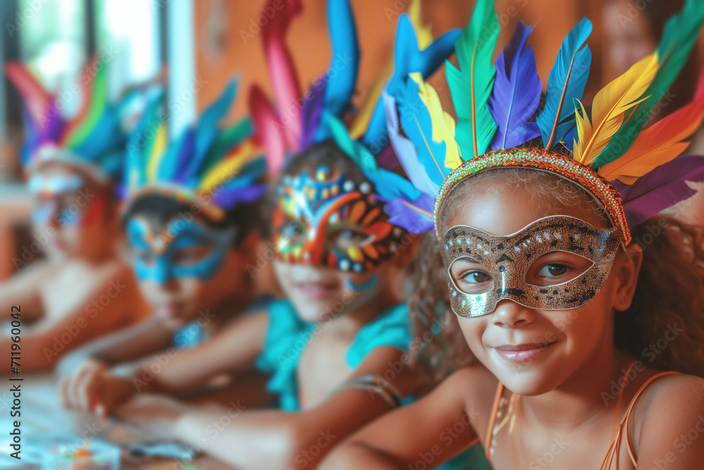 A diverse group of children dressed up with masks and colorful handmade feather crowns, enjoy the company of a costume party in the school classroom.