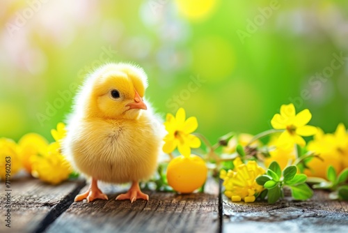 Yellow chick among spring flowers on wood.
