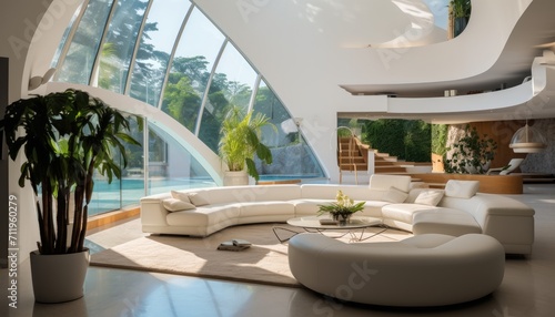 View of aesthetic eco-friendly house. A curved style minimalist sofa covered in fine fabric and a smart TV on the cream walls. Inspiration for environmentally friendly room concepts. © kingengine