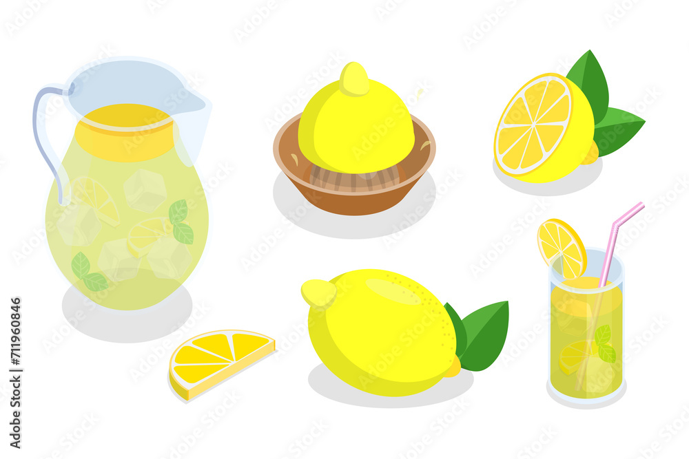3D Isometric Flat Set of Lemonade Elements, Lemon, Ice and Jug 3D Isometric Flat Set of Lemonade Elements, Lemon, Ice and Jug