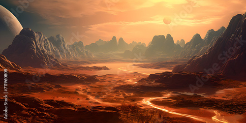 A realistic science fiction Mars planet environment features an orange degraded desert with mountains and a bright sun
