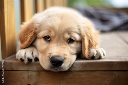 Small puppy resting at the entrance of a house